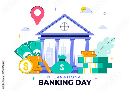 International Banking Day Vector Illustration Featuring Bank, Money, and Coins to Support Sustainable Development and Global Economic Stability