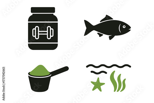 Protein supplement and natural sea elements vector set, fish, spirulina powder in scoop, seaweed and starfish, fitness nutrition, health and wellness icons, organic superfood illustration