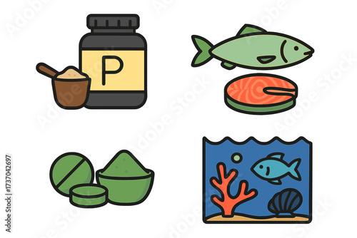 Vector design of protein supplement container, fish and fish steak, green supplement tablets and powder, underwater coral reef scene with fish and shell, natural health and nutrition illustration