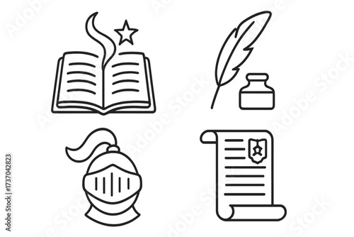 Vector design of story symbols and attributes collection including magical book, quill with ink, knight helmet, and medieval scroll, creative storytelling icons set for web and print