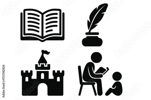Storytelling symbols vector set with open book, ink quill, castle fortress, and person reading to child icons, collection of creative narrative and literary elements illustration