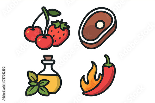 Colorful vector set of taste and cooking icons including cherries, strawberry, steak, olive oil bottle with basil leaves, and spicy chili pepper with flame for food design