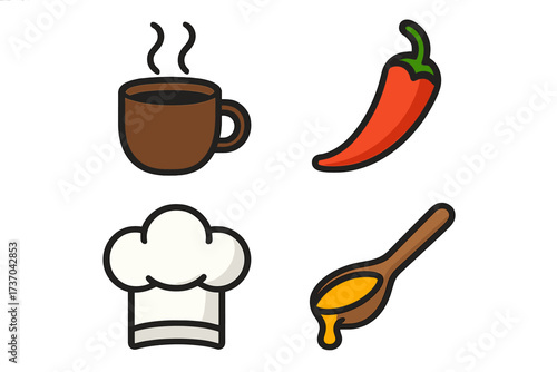 Vector design of taste and food product icons. Collection of cooking, flavor, chef hat, hot chili pepper, and flavorful sauce spoon logos. Cooking taste set.