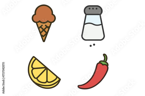 Vector design of taste and cooking product symbols including ice cream cone, salt shaker, lemon slice, and red chili pepper icons for food and flavor concepts