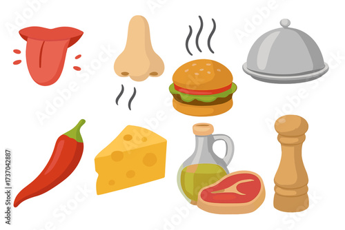 Vector design of taste and cooking symbols set, food and flavor icons including tongue, nose, chili pepper, cheese, olive oil, steak, burger, pepper grinder, and cloche, culinary vector illustration