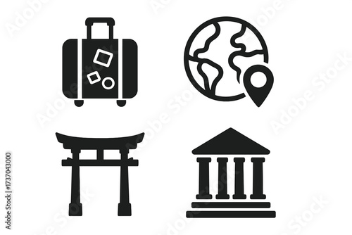 Travel icons collection vector illustration with suitcase globe location shrine and historic building symbols, traditional tourism graphics set with transparent background
