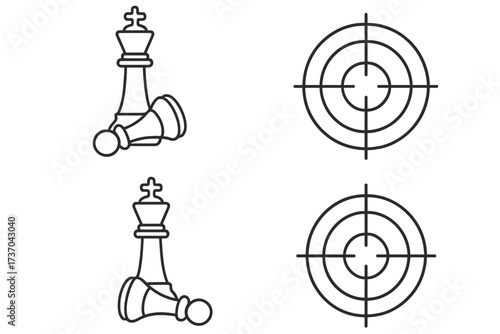 Checkmate chess pieces with target icons set, strategic game concept, winning move illustration, business and competition symbol, vector line art design with transparent background