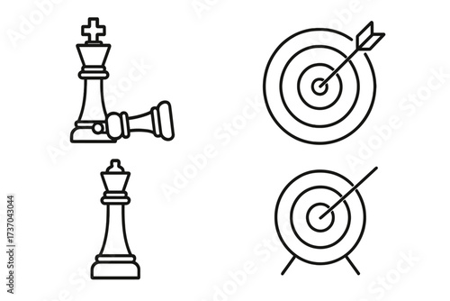 Vector illustration of checkmate and target icons, chess king pieces and arrow hitting bullseye, thin line set for strategy, goal achievement, winning concepts, transparent background