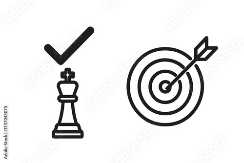 Strategic checkmate concept with king chess piece and target arrow icon, success goal symbol, business strategy and achievement vector illustration, transparent background