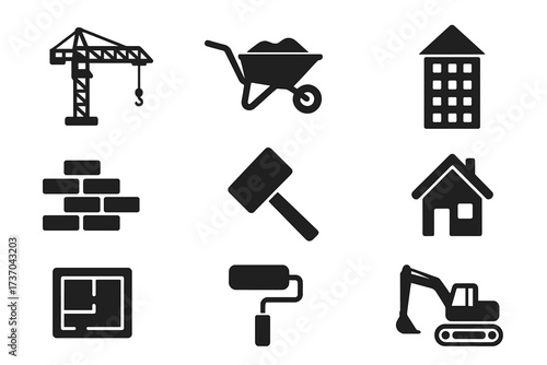 Vector illustration set of black construction and building icons, including crane, wheelbarrow, building, bricks, hammer, house, floor plan, paint roller, and excavator, transparent background