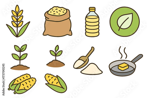 Vector illustration of agricultural crops and ecological farming icons set with plant growth, grain, corn ears, cooking oil, flour, and butter, transparent background