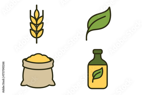 Vector illustration of agricultural crop icons with ecological green leaf, organic grain sack, natural oil bottle, and sustainable farming symbols set on transparent background