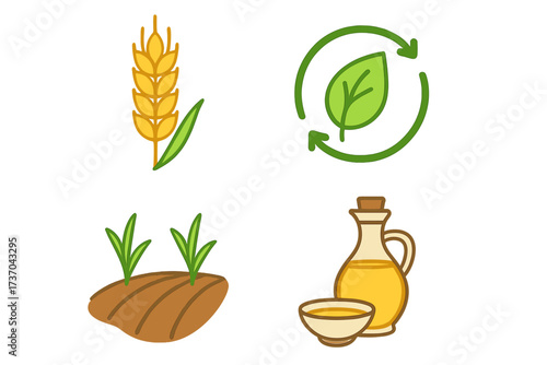 Vector illustration of crop and ecological logo set with wheat ear, green leaf recycling symbol, sprouting seedlings in soil, and cooking oil bottle with bowl, agriculture and sustainability concept
