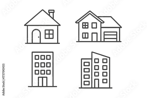 Vector illustration of home and apartment icons collection. Modern house and urban apartment building symbols set for real estate, architecture, property, and housing concepts. Transparent background.