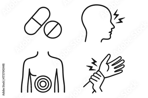 Vector illustration of medical pain signs, disease symbols set for web, healthcare icons with transparent background, body pain, headache, wrist pain, medication concept