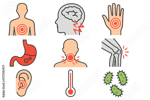 Vector illustration of medical pain signs and symptoms with body pain target marks, headache, stomach ache, ear pain, fever, neck and joint pain icons, disease and health concept symbols for web