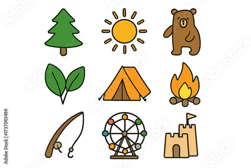 Vector illustration of nature and fun icons with camping, outdoor adventure, sun, bear, fire, fishing rod, ferris wheel, tent, leaves, and sandcastle collection for entertainment and nature lovers