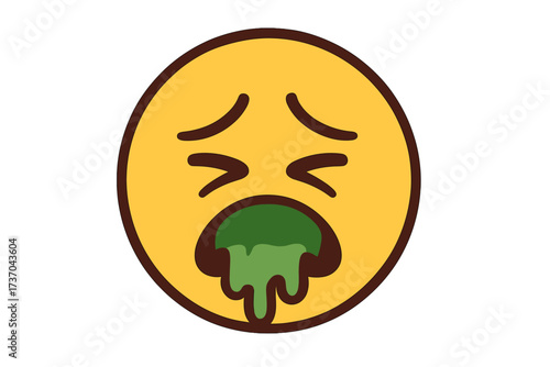 Vomiting emoji vector illustration. Sick face emoticon with puke. Concept of nausea, disgust, illness, food poisoning, or feeling unwell. Gross yellow smiley character design.