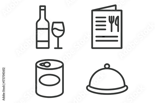 Vector illustration of product and menu symbols collection, including bottle with glass, menu card with cutlery, canned food, and cloche cover, bar and restaurant icons set