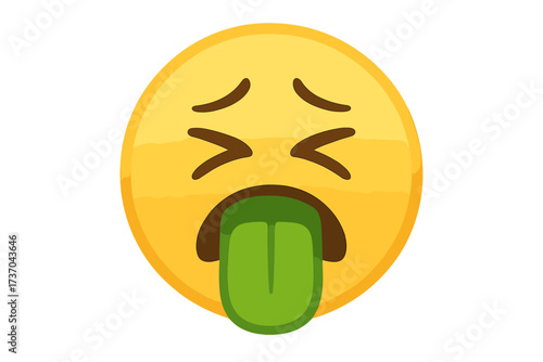Nauseated face emoji showing sickness, disgust, and repulsion. Gross, yuck, and unwell concept. Vector emoticon character with green tongue out, feeling bad from illness or bad taste.