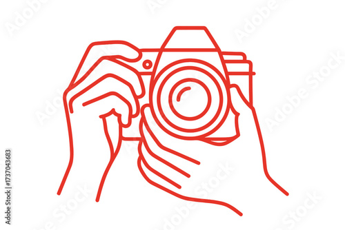 Hands holding camera vector line art icon. Photographer taking picture concept. Photography, journalism, and creative hobby symbol. Minimalist professional editable illustration.