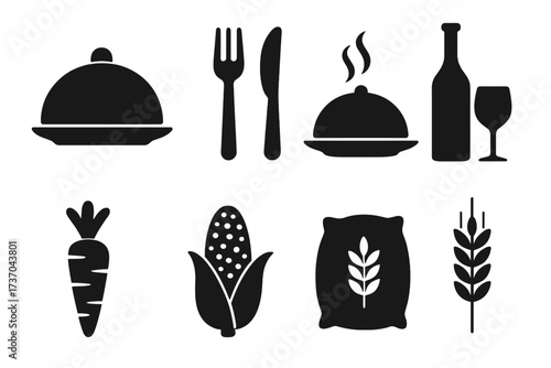 Vector illustration of restaurant and agriculture icons set including food cloche, cutlery, wine bottle and glass, carrot, corn, grain sack and wheat, farm fresh food concept