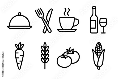 Vector illustration of restaurant and agriculture icons, collection of food service and raw farm produce symbols, cup, wine bottle, fork, knife, carrot, wheat, tomatoes, corn, transparent background