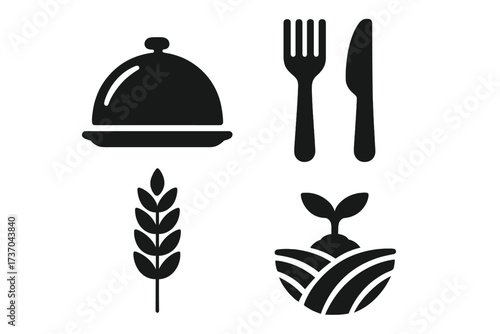 Vector illustration of restaurant and agriculture symbols, food service and farm raw ingredients icons, culinary dining cutlery, agricultural crop and field, transparent background