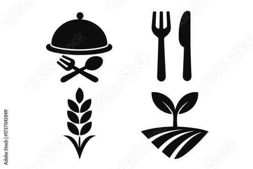 Vector illustration of restaurant and agriculture symbols, including food cover with cutlery, spoon and fork crossed, wheat stalk, and sprouting plant on farmland, black icons for stock