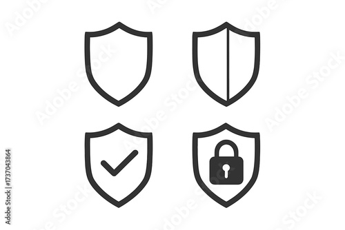 Shield icon set for security concept. Vector logo elements for internet safety, data protection, antivirus, and firewall. Secure guard symbol with padlock and check mark.