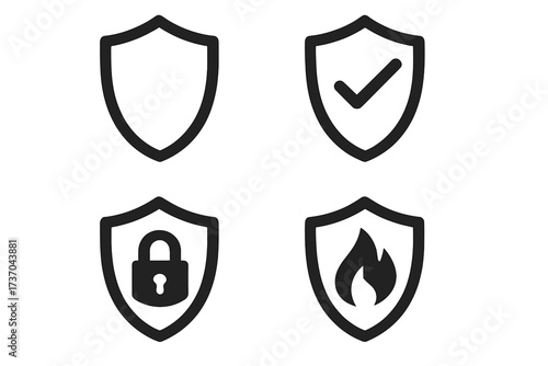 Shield icon set for security and protection concepts. Vector logo elements for internet safety, antivirus, firewall, and data privacy. Includes checkmark, lock, and fire symbols.