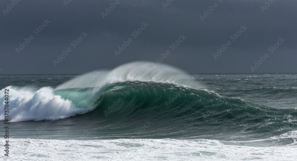 Fototapeta premium Ocean wave cresting, powerful and dramatic. Dark, moody sky