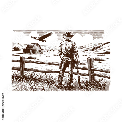 Vintage Western Cowboy Overlooking Ranch Landscape