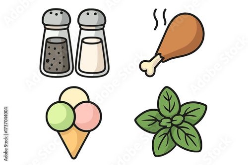 Vector illustration of taste and seasoning icons set including organic herbs, ice cream cone, spicy chicken drumstick, salt and pepper shakers for food and culinary designs