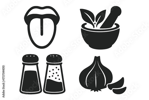 Vector illustration of taste and seasoning icons, including tongue, mortar and pestle with herbs, salt and pepper shakers, and garlic cloves, organic food cooking symbols, transparent background