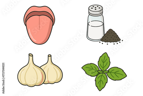 Vector illustration of taste and seasoning logo set with tongue, salt and pepper shaker, garlic bulbs, and fresh green basil leaves, organic cooking flavor concept, transparent background
