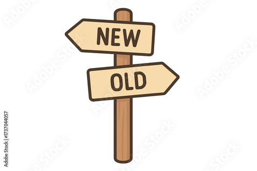 Signpost with new vs old choices. Concept of change, decision making, personal growth. Future or past. A new you or the same old you. Crossroads of life metaphor. Vector.