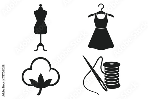 Fashion and garment vector design set with cotton symbol, dress on hanger, sewing needle and thread, tailor mannequin silhouette, clothing industry icons, transparent background
