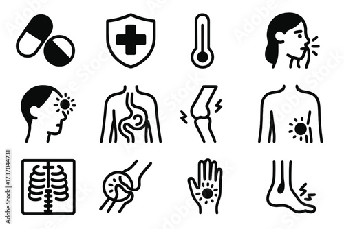 Vector set of medical and pain icons, disease symptoms symbols, healthcare pills, thermometer, cough, headache, stomach, joint pain, x-ray, and inflammation signs for health concept
