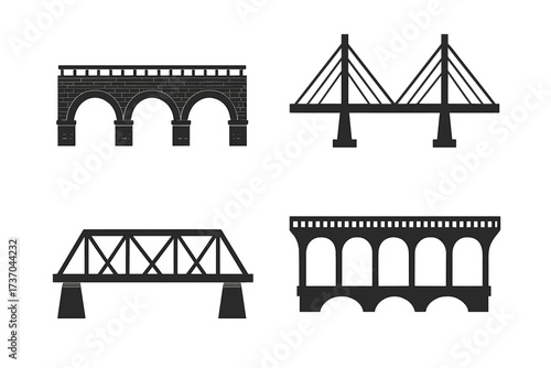 Vector illustration of diverse bridgework and architectural structures collection, including suspension, arch, and truss bridges, black silhouette design for construction and engineering concepts