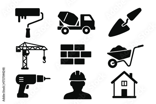Vector illustration of construction and building icons, set of essential construction tools, equipment, and estate symbols for stock, transparent background
