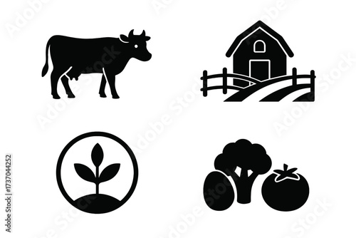 Ranch and organic farming icons set with cow, barn, plant growth symbol, fresh vegetables, sustainable agriculture, farm life, eco-friendly food, natural produce, healthy lifestyle symbols
