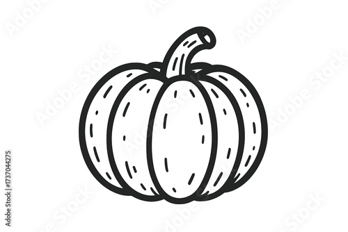 Pumpkin line art icon. Simple hand drawn doodle sketch. Autumn vegetable for fall harvest festival, Halloween, and Thanksgiving decoration. Isolated black and white vector element.
