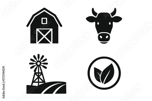 Vector design of ranch and organic farm icons set, including barn, cow head, windmill, and eco leaves symbol, agricultural and sustainable farming concepts illustration, transparent background