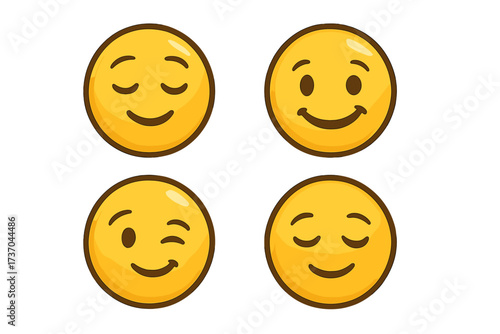 Charming satisfied emoji set vector illustration. Happy smiling face, winking emoticon, and pleased peaceful expression. Yellow character icon pack for positive emotion concepts.