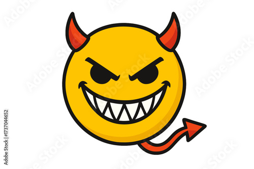 Crazy devil emoticon with a diabolical smile. Evil face vector icon. Naughty diabolical smiley character. Cartoon monster illustration. Mischievous demon emoji with horns.
