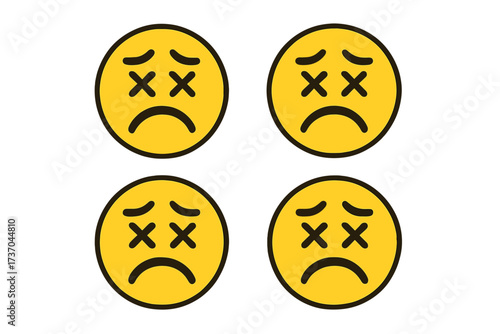 Dead emoticon set. Vector smiley illustration with dizzy crossed-out eyes and sad face. Concept for unconscious, knockout, failure, error, stress, tired, despair, problem.