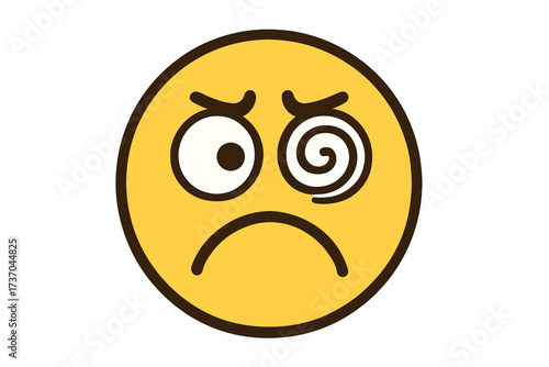 Dizzy emoticon with sad face and spiral eye. Vector smiley for confusion, stress, burnout, or sickness. Concept for mental health, headache, depression, and vertigo.