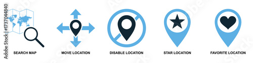 Set of location and navigation vector icons. Essential graphics for GPS, travel, and mapping applications. This collection is ideal for user interface, providing clear symbols for finding places