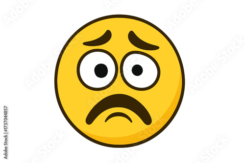 Sad emoticon with worried puppy eyes. Vector smiley character expressing disappointment, sorrow, and regret. Unhappy cartoon face icon feeling upset, sorry, and concerned. Frowning emoji.